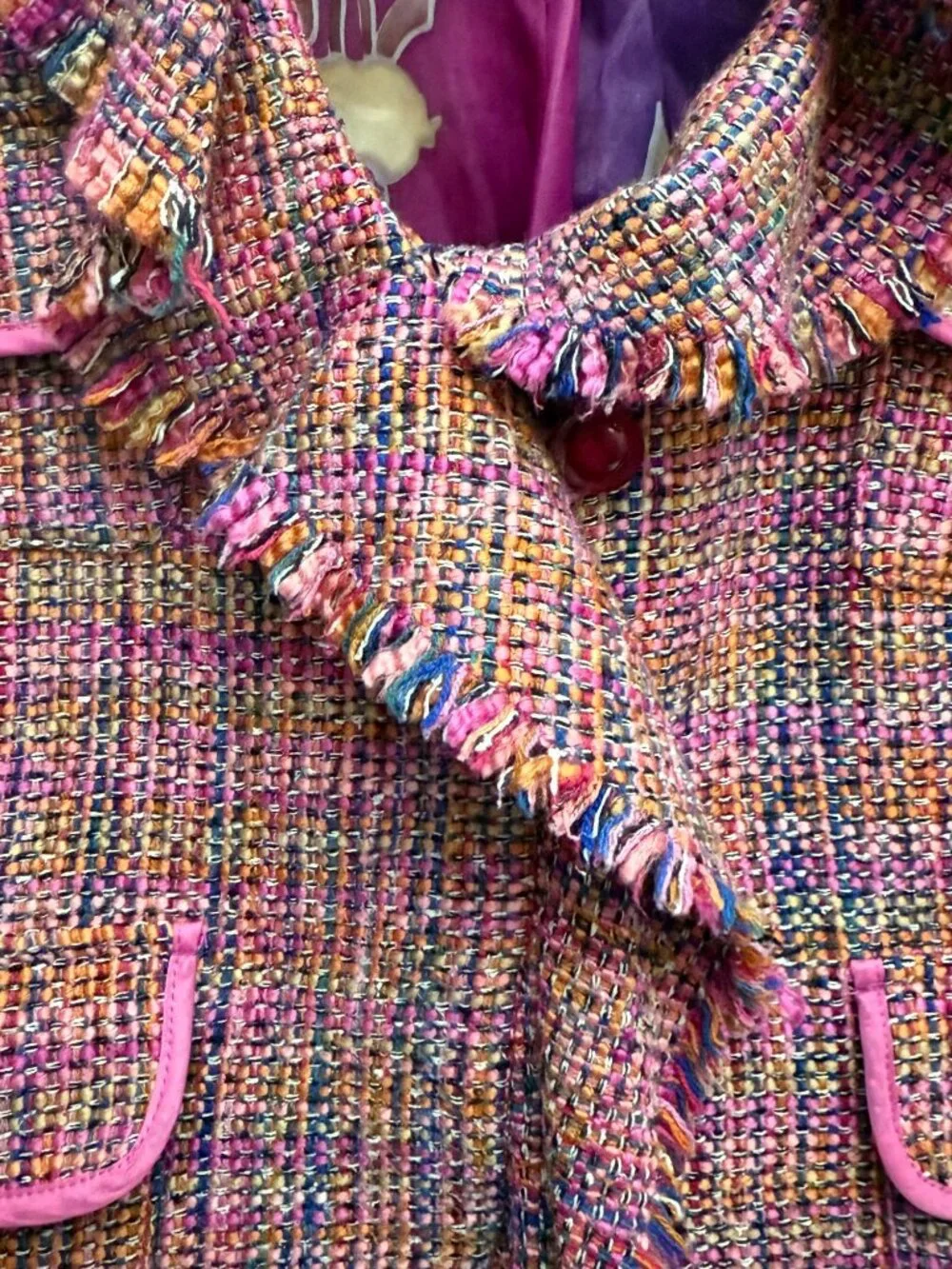 I C E Jacket Fringed Trim Ruffle Collar Tweed Women 12 Lined Pink Purple - Picture 5 of 14